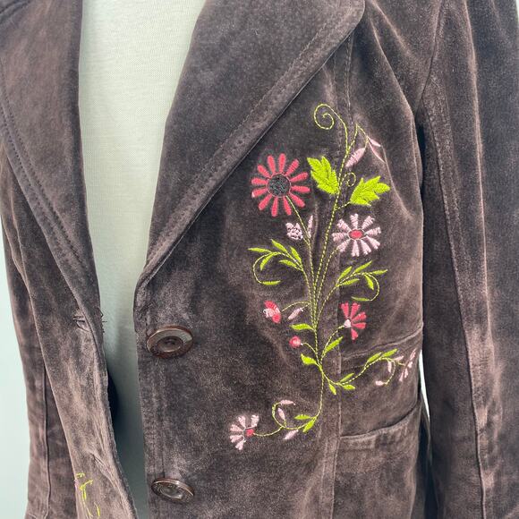Y2K Suede Leather Jacket Floral Embroidery Front Button Down Brown Womens Medium - Picture 6 of 12